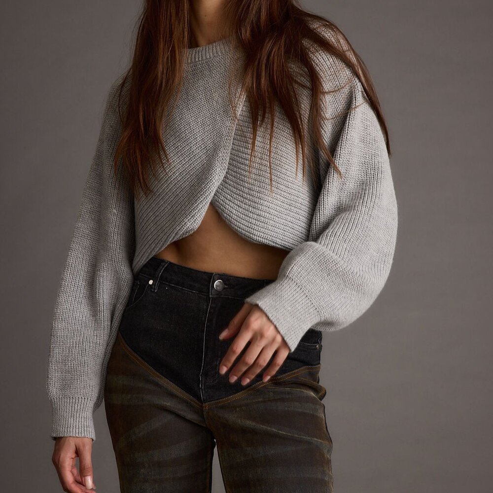 12th Tribe Rue Grey Criss Cross Cropped Sweater Size S/MS/M